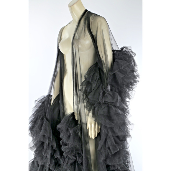 Black Sheer Tulle Puffy Robe Gown Dramatic Layered Boudoir Photoshoot Dress S - Picture 9 of 16